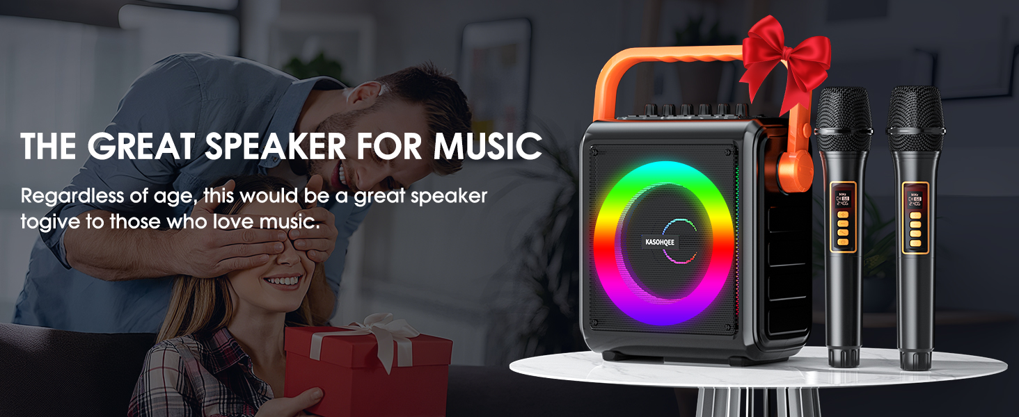 Text reads 'THE GREAT SPEAKER FOR MUSIC' and 'Together to know who love music...'. Marketing image showing speaker system with colorful lighting effects and audio visualization.