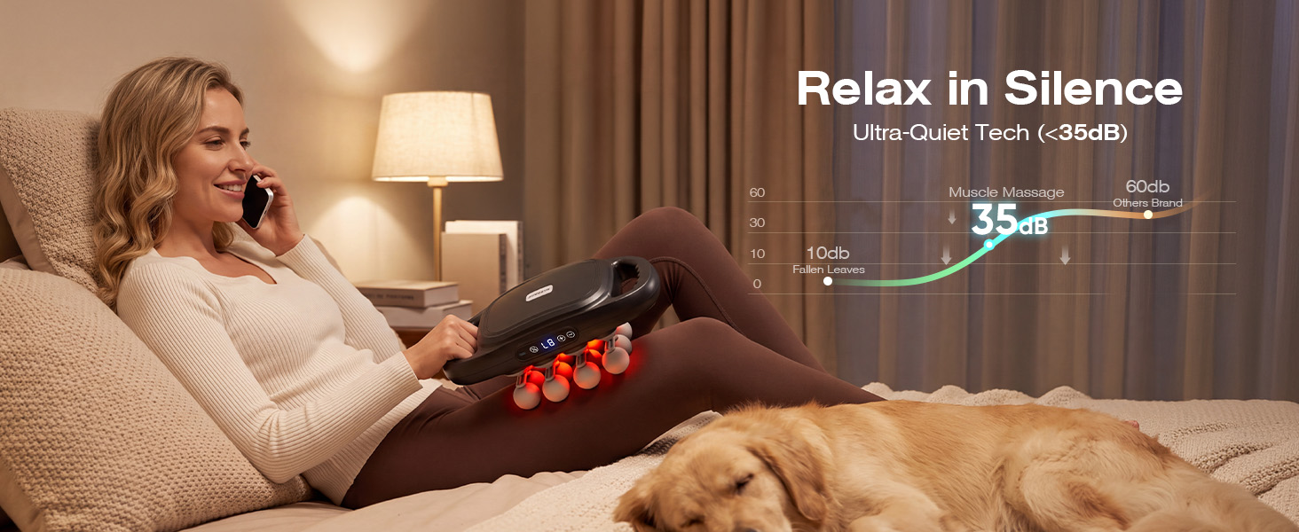 Woman uses a quiet back massager while on the phone, with operating noise shown below 35 dB.