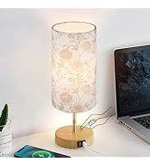 Lolikit Bedside Touch Lamp, Wood Small Table lamp with 2 USB Charging Ports &amp; Flower Fabric Shade...