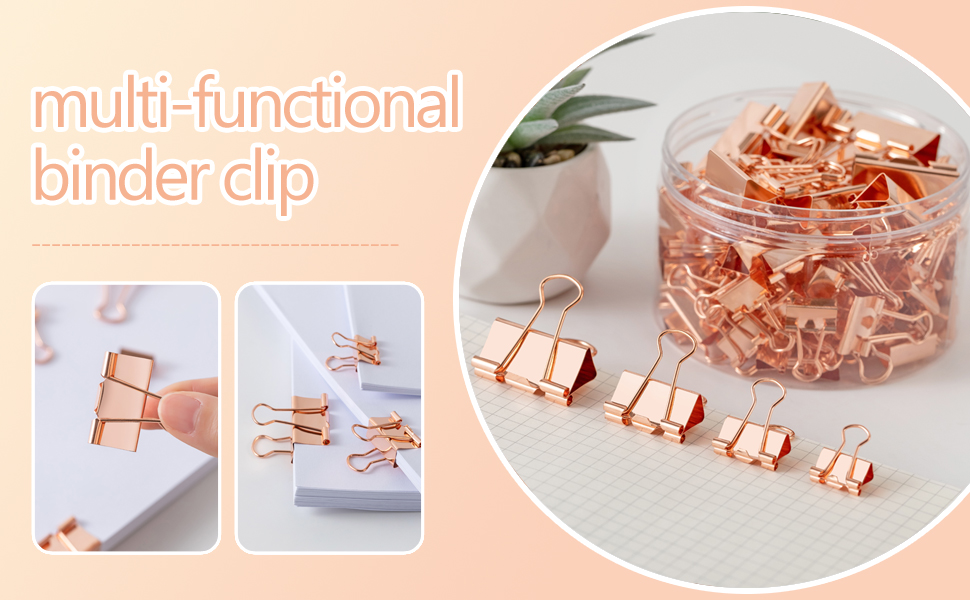 100-piece rose gold binder clips set: multi-size, durable for organizing and decorating