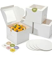 YUYUDEHM 4 Pcs 6 Inch Cake Boxes, White Square Bakery Boxes with Window, Disposable Cake Containe...