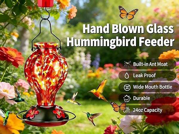 Tegarbed Hand Blown Glass Hummingbird Feeder
