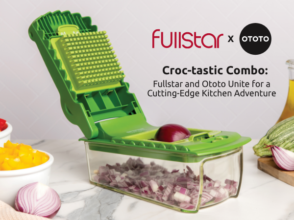 Croc, the veggie chopper, features interchangeable razor-sharp blades and an ergonomic handle.