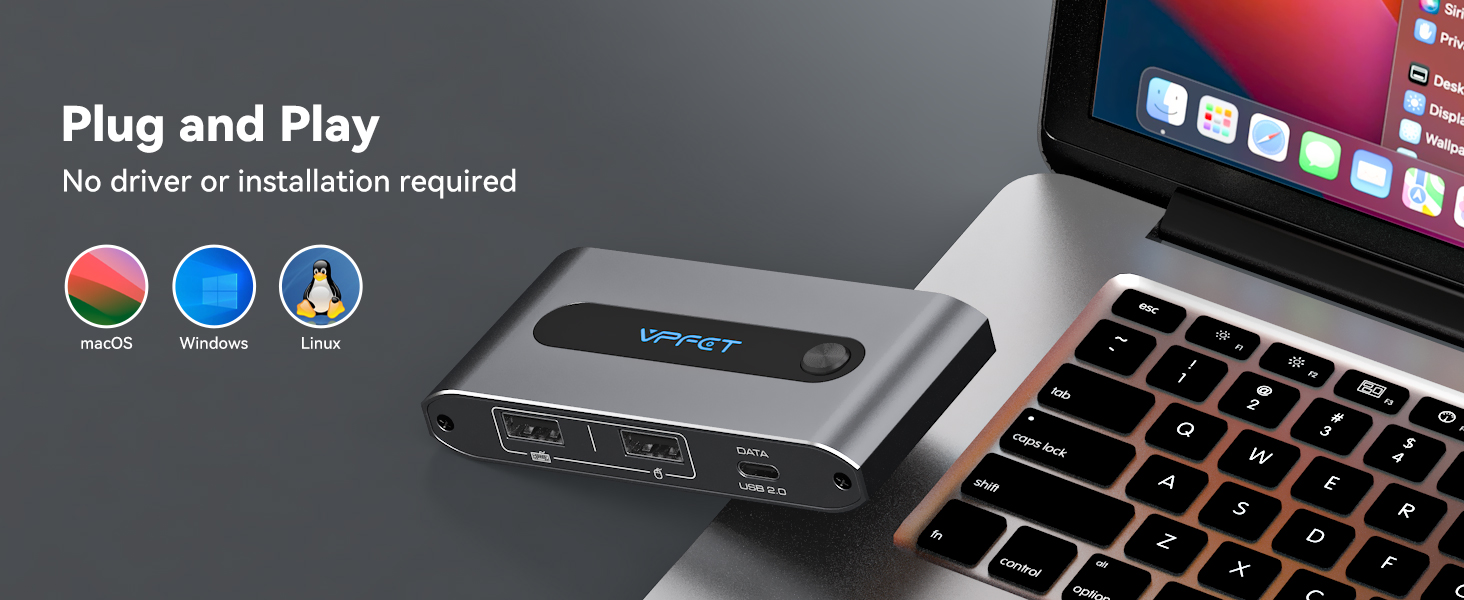 Plug-and-play device with multiple ports, connected to laptop. Features colorful icons for easy setup. No driver installation required.