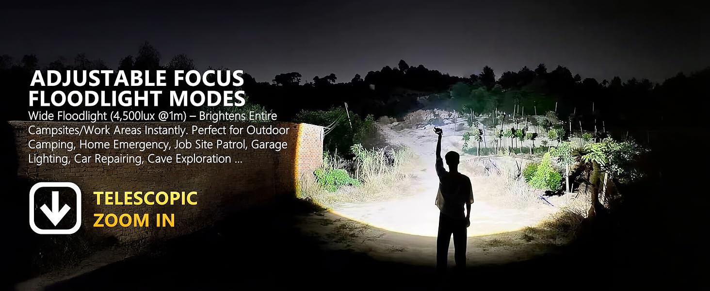 Hunting Flashlight Wide Floodlight (4,500lux @1m), Brightens Entire Campsites/Work Areas Instantly.