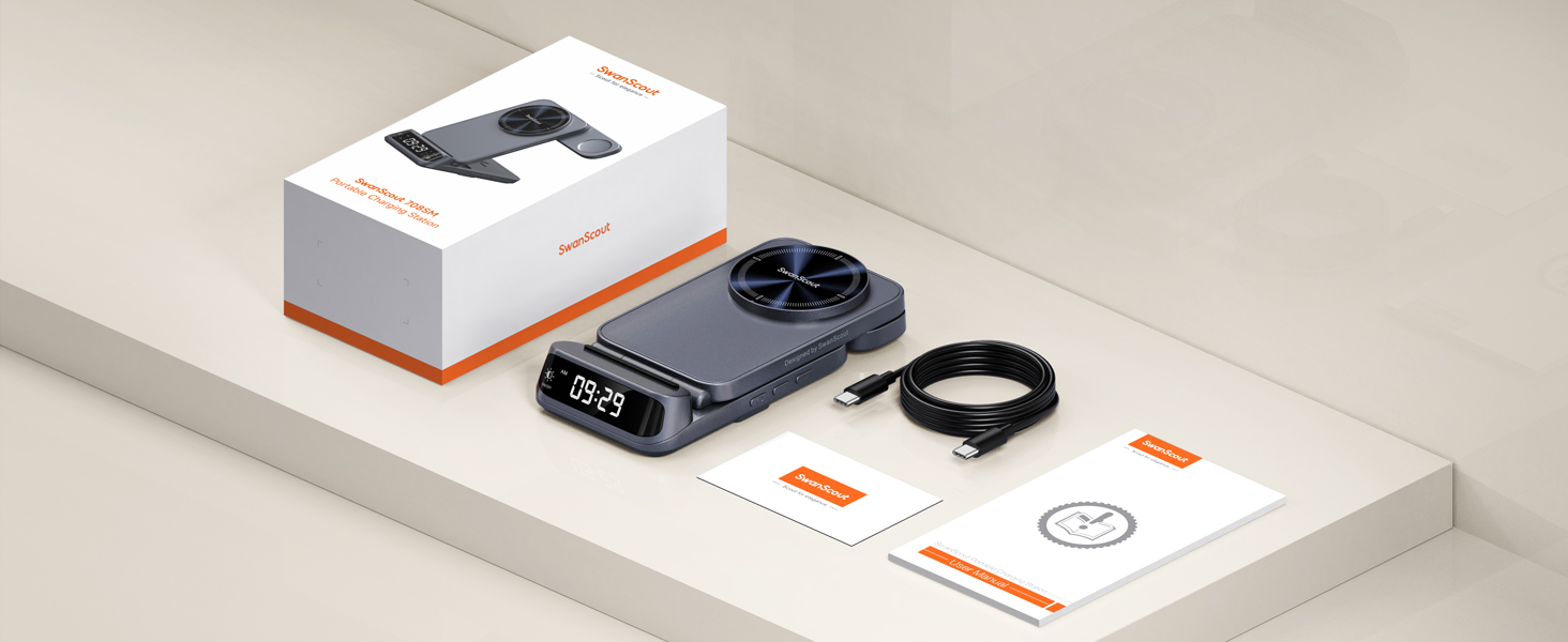 Wireless charging pad with digital display, shown with retail box, USB cable, and instruction manual. Dark gray circular device on white surface.