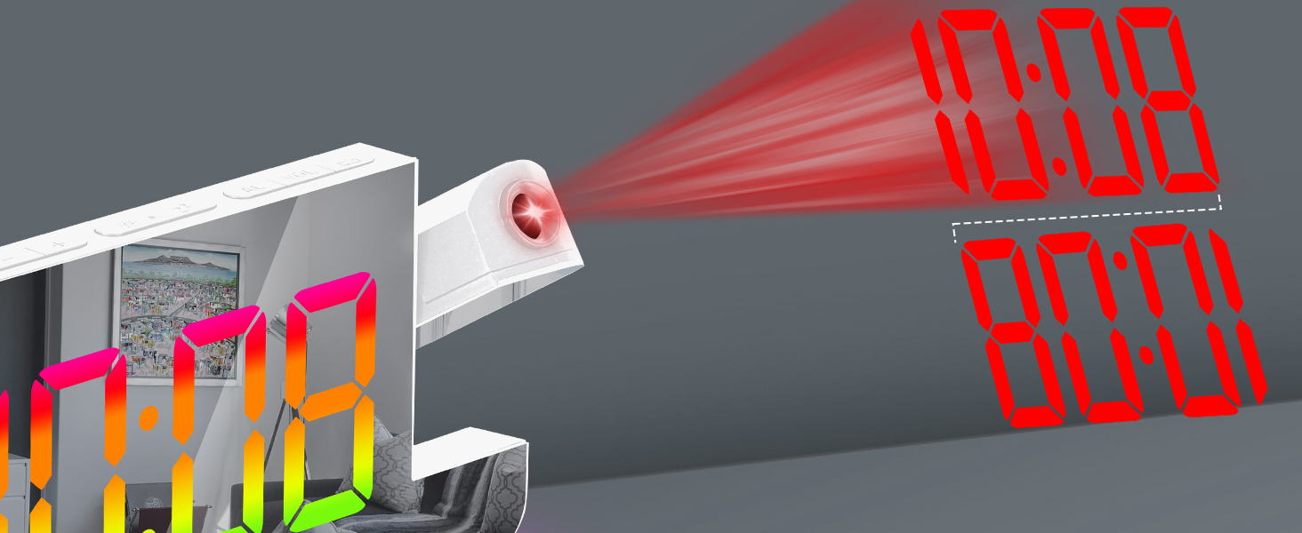 Projection Alarm Clock,7.4 in LED Mirror Digital Clocks Projection on Ceiling Wall,RGB Night Light