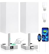aooshine Set of 2 Touch Nightstand Lamp with USB-C+A Charge Ports&amp; AC Outlets, 3-Way Dimmable Bed...