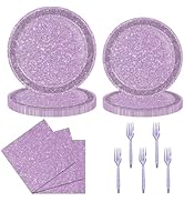 DTDO 96Pcs Pastel Purple Party Tableware Set Paper Plates and Napkins Purple Glitter Party Suppli...