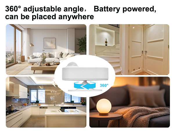 Battery-powered light with 360° adjustable angle shown in various home settings: living room, hallway, kitchen, and bedroom. Versatile placement for ambient lighting in different spaces.