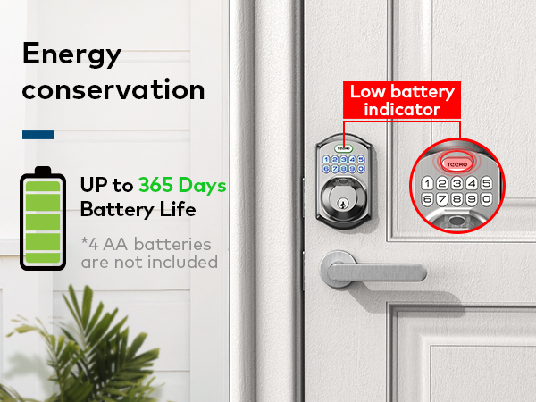 Powered by 4 AA batteries (not included) for up to 365 days, with low-battery alert below 15%