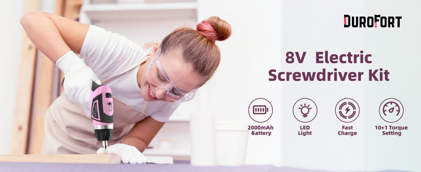 8V Electric Screwdriver Kit product image with four circular icons showing product features.