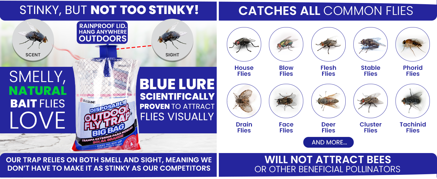 Big bag fly trap attract flies via blue visual lure and natural scent lure. Fly catchers for outside