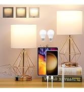 Gold Bedroom Lamps Set of 2, 3 Way Dimmable Touch Table Lamp with USB A+ C Port, Modern Small Lam...