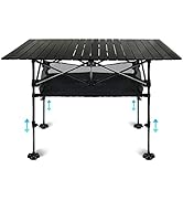 LEADALLWAY Adjustable Height Aluminum Camping Table Folding Portable Outdoor Table with Large Sto...