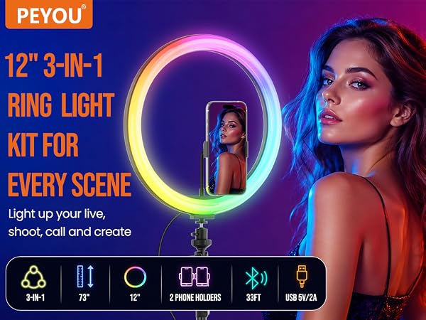 12-inch RGB ring light kit with 73-inch tripod, two phone holders, Bluetooth control, and USB power