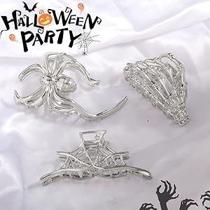 Silver Large Spider, Spider Web, Ghost Hand Design Metal Hair Claw Clips for Women Girls