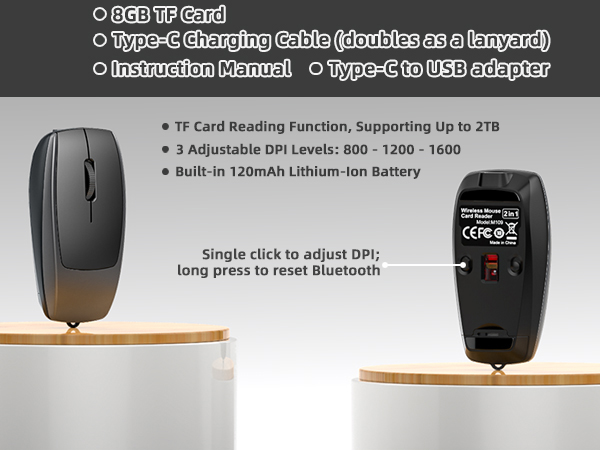 Mini 2-in-1 Wireless Bluetooth Mouse &amp; TF Card Reader - 8GB TF Card Included