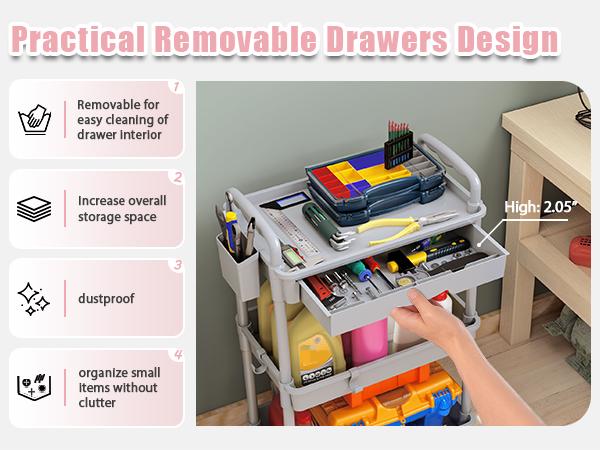 rolling cart as a tool organizer, drawer stuffed with small items