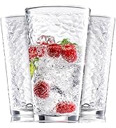 Set of 10 Hammered Glass Cups, 16oz. Dishwasher Safe Cocktail Drinking Glasses - Clear Heavy Base...