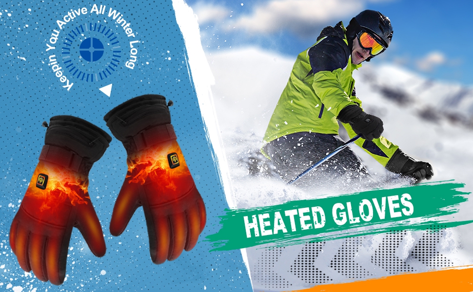 Heated gloves shown glowing red. Inset image of a snowboarder wearing green jacket. Text reads 'HEATED GLOVES' on a teal banner.