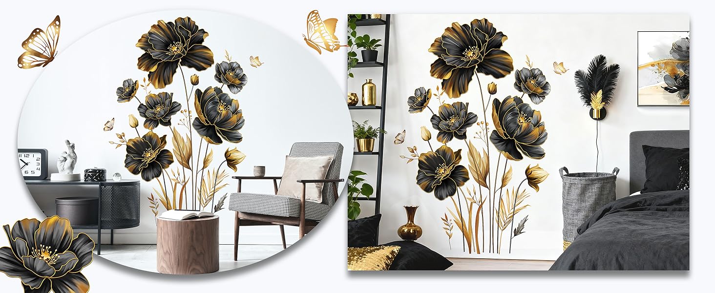 DM2355 black gold flower wall decals
