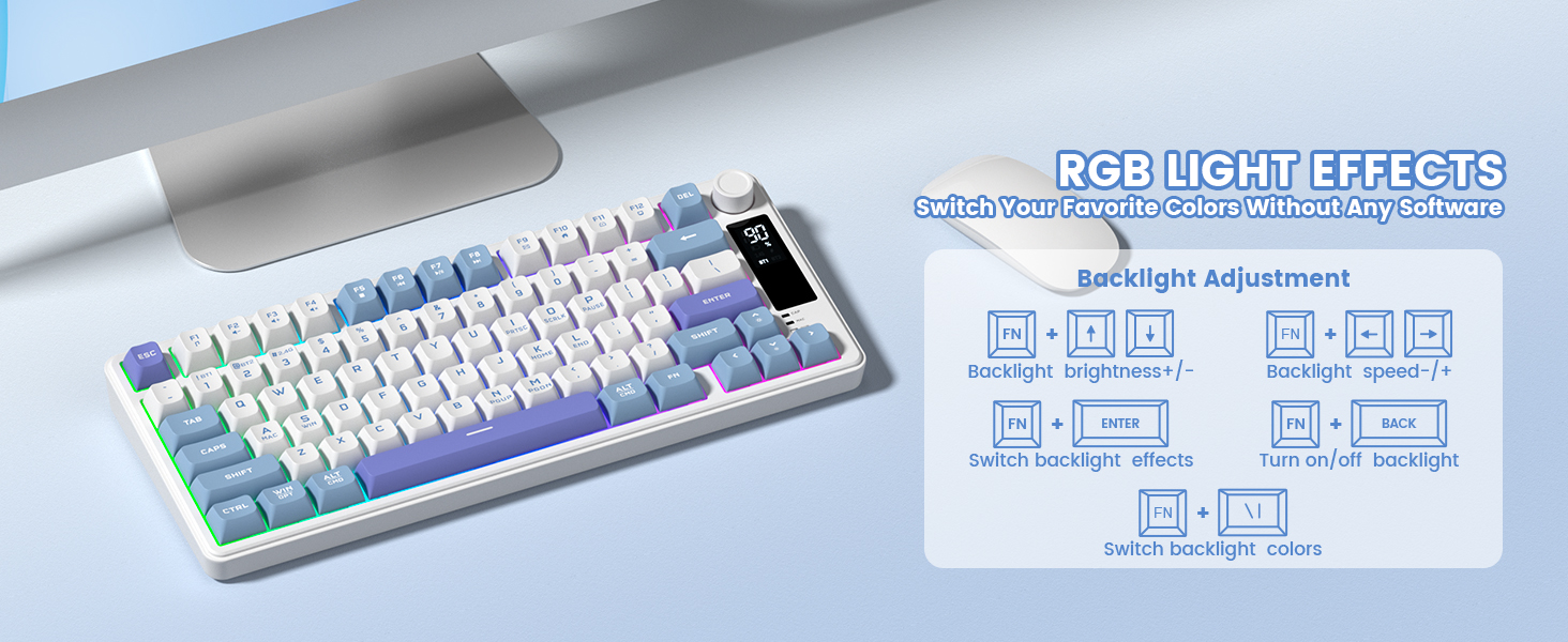 mechanical keyboard featuring RGB backlighting effects, with instructions how to adjust backlight