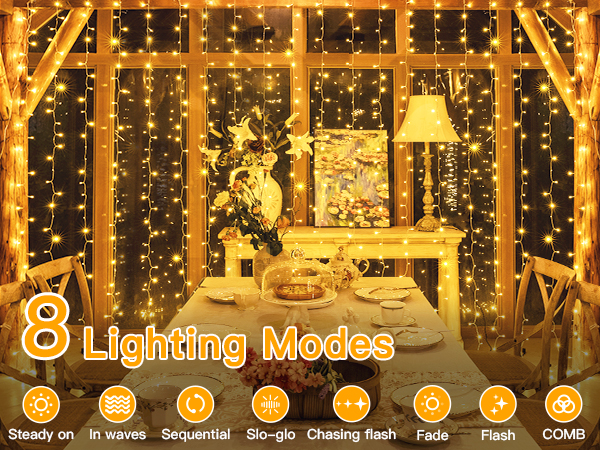 Outdoor patio setting with string lights. Image shows 8 lighting modes: Steady on, In waves, Sequential, Slo-glo, Chasing/Flash, Slow fade, Flash, COMB.