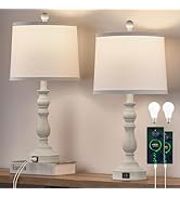Leasgy Farmhouse Table Lamps for Living Room Set of 2 with USB C+A Ports, Knob Switch with 3 Way ...