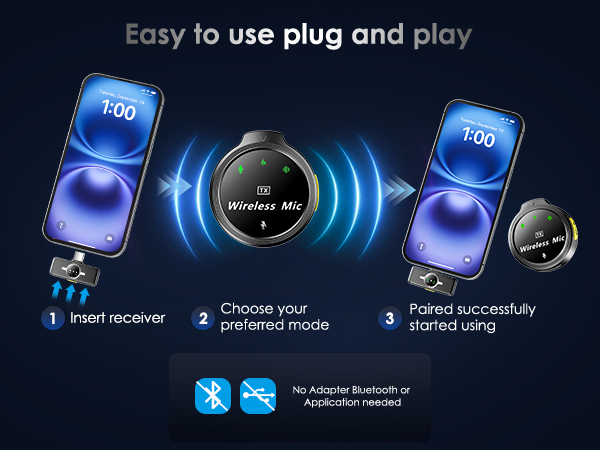 Plug-and-play wireless microphone, easy setup with no Bluetooth or app required.