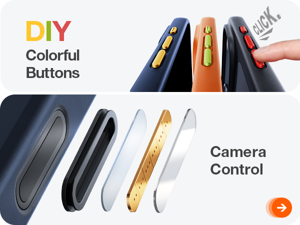 Text reads 'DIY', 'Colorful', 'Buttons', 'Camera', 'Control'. Technical diagram showing exploded view of camera or device components in various colors.