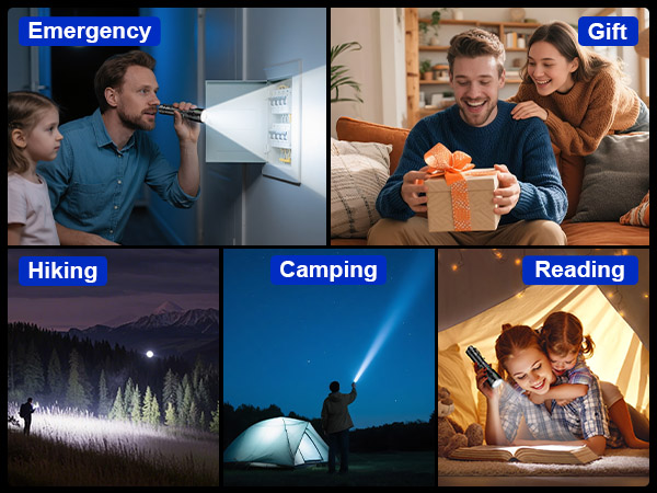 Text reads 'Emergency', 'Gift', 'Hiking', 'Camping', 'Reading'. Collage of lifestyle images showing various activities and situations in labeled sections.