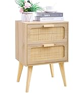 YAUKOMEL Rattan Nightstand, Wood End Table, Side Table with 2 Hand Made Rattan Decorated Drawers,...