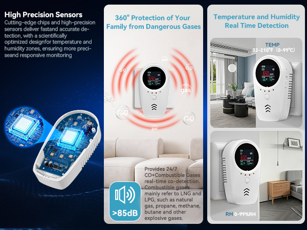 carbon monoxide and gas detectors with temperature and humidity display