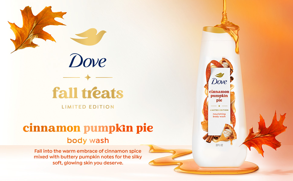 A bottle of Dove Cinnamon Pumpkin Pie Body Wash, Limited Edition Fall Treats