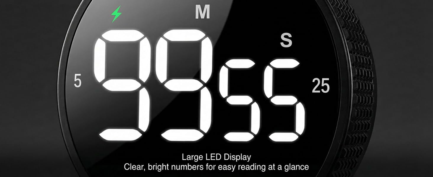 Digital LED display showing time in white numbers against black background. Display includes M and S indicators.