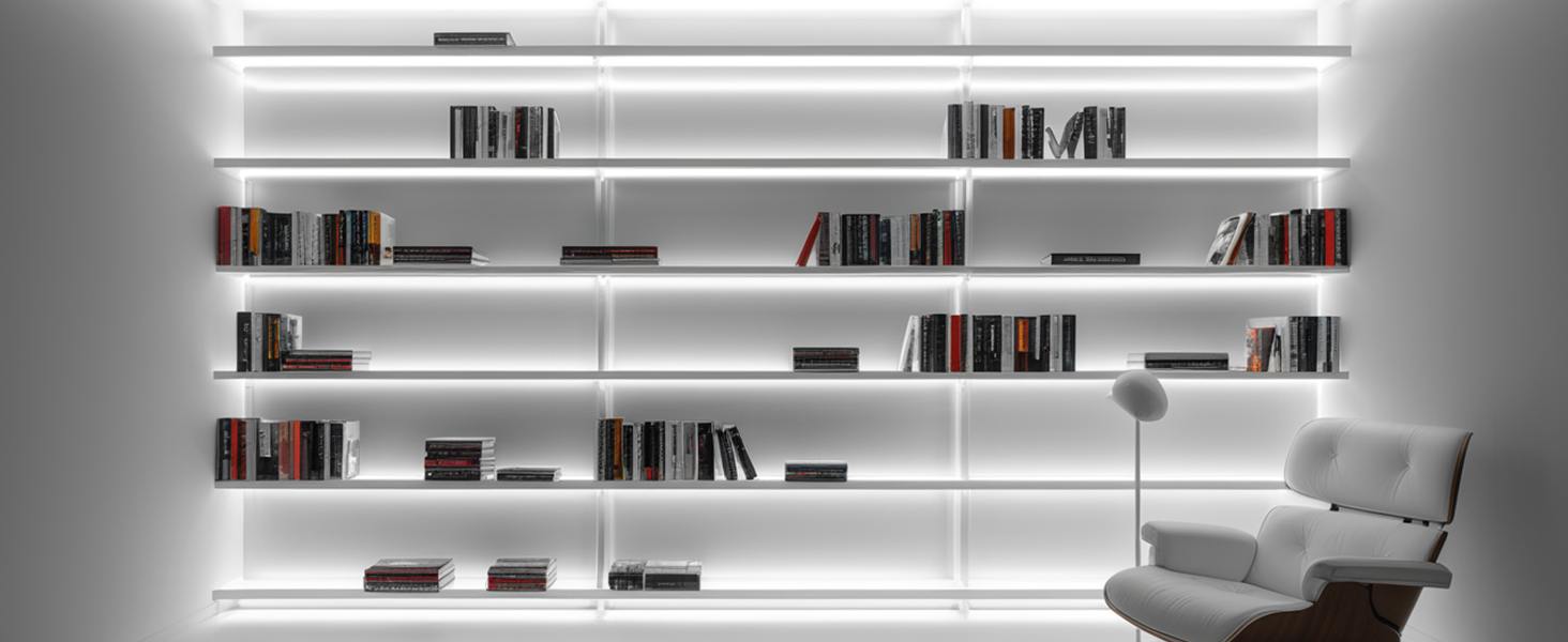 Modern white bookshelf system with integrated LED lighting strips illuminating multiple shelves, displayed with books and a grey armchair.