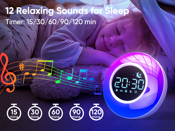 sound machine alarm clock with 12 calming sounds with auto-ff timer for sleep