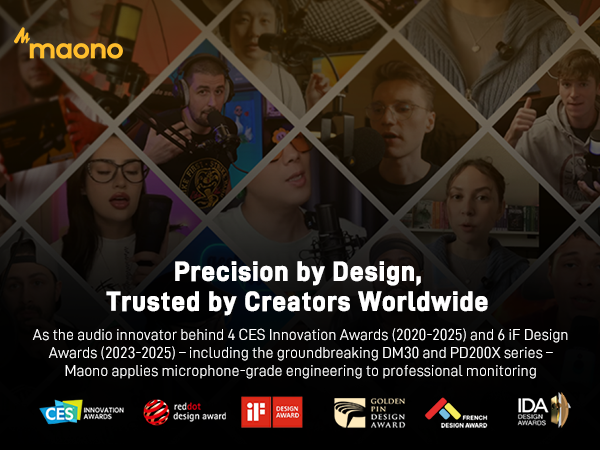 Text reads 'Precision by Design, Trusted by Creators Worldwide' along with multiple brand/certification logos in a dark horizontal banner design.