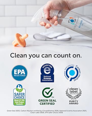 EPA-registered multi-purpose cleaner spray bottle with safety certifications, household cleaning