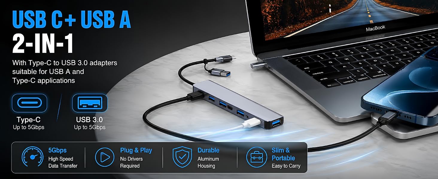 CPHUSA 2-in-1 USB-C and USB-A adapter with 5Gbps data transfer.