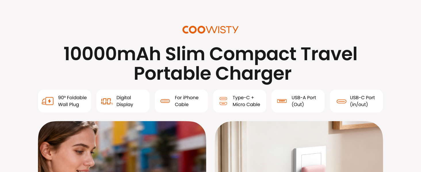 2025 Upgraded 10000mah Slim Travel Portable Charger-Pink