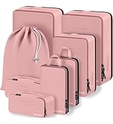 Set of pink travel packing cubes in various sizes, including drawstring bag and zippered compartments with black trim details.