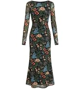 CIDER Floral Wedding Guest Dress for Women Mesh Long Sleeve Maxi Dress | Boat Neck Bodycon Dress ...