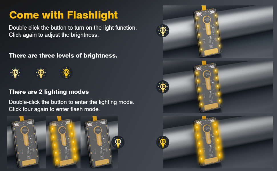 portable iphone charger come with flashlight.there are 3 levels of brightness