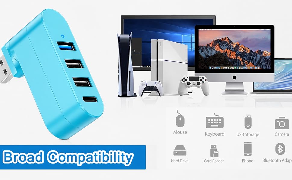 4-Port USB 3.0 Hub [90°/180° Degree Rotatable], USB Splitter USB Extender for Laptop, Car, Blue