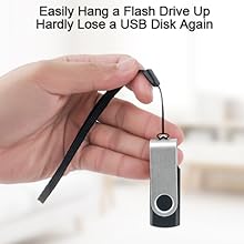 The USB memory sticks can be attached to the keychain through the small hole