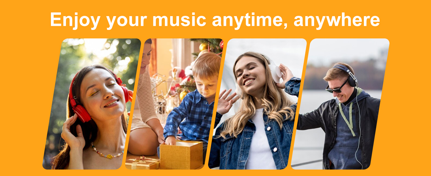 Collage of four images showing people enjoying music with headphones in various settings: outdoors, at home, in urban environment, and during exercise.