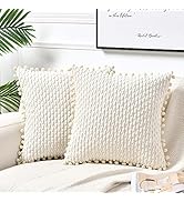 Fancy Homi Set of 2 Boho Cream Decorative Throw Pillow Covers 18x18 Inch with Pom-poms for Couch ...
