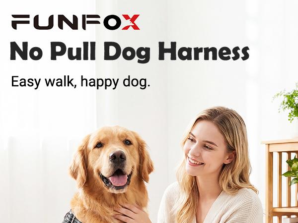 Marketing images showing a golden retriever wearing a pink harness. The scenes depict outdoor walking and interaction scenarios demonstrating the harness in use.